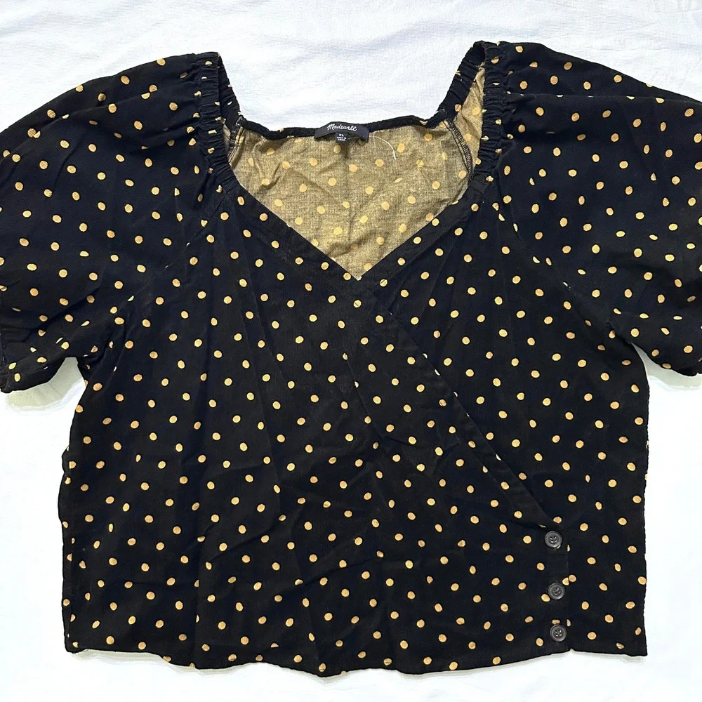 Madewell Polka Dot Corduroy Wrap Top XL Black Cottagecore Whimsigoth Academia